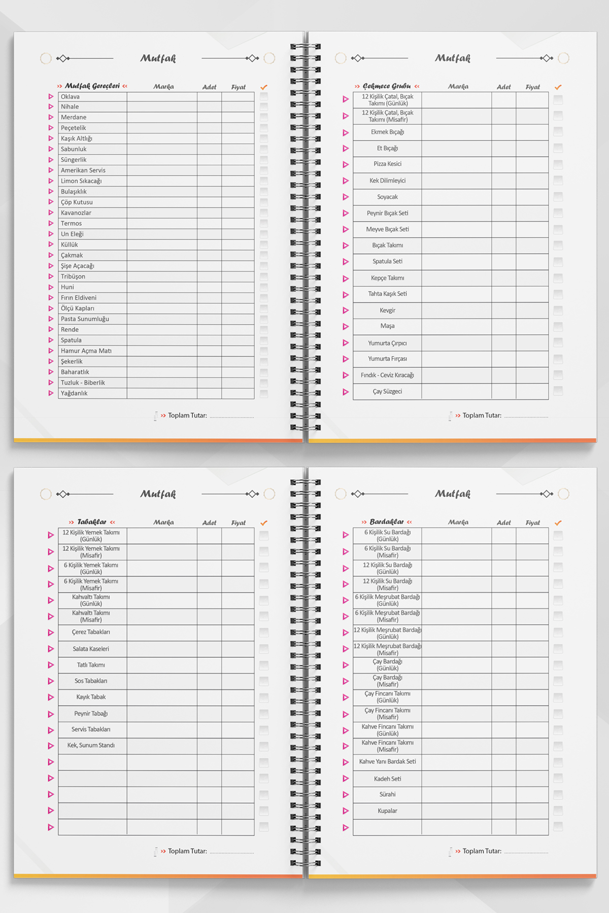 Çeyiz Defteri, Düğün Planlayıcı, Çeyiz Listesi, Çeyiz, Söz, Nişan, Kına, Balayı, Spiralli, 44 Sayfa, Krem