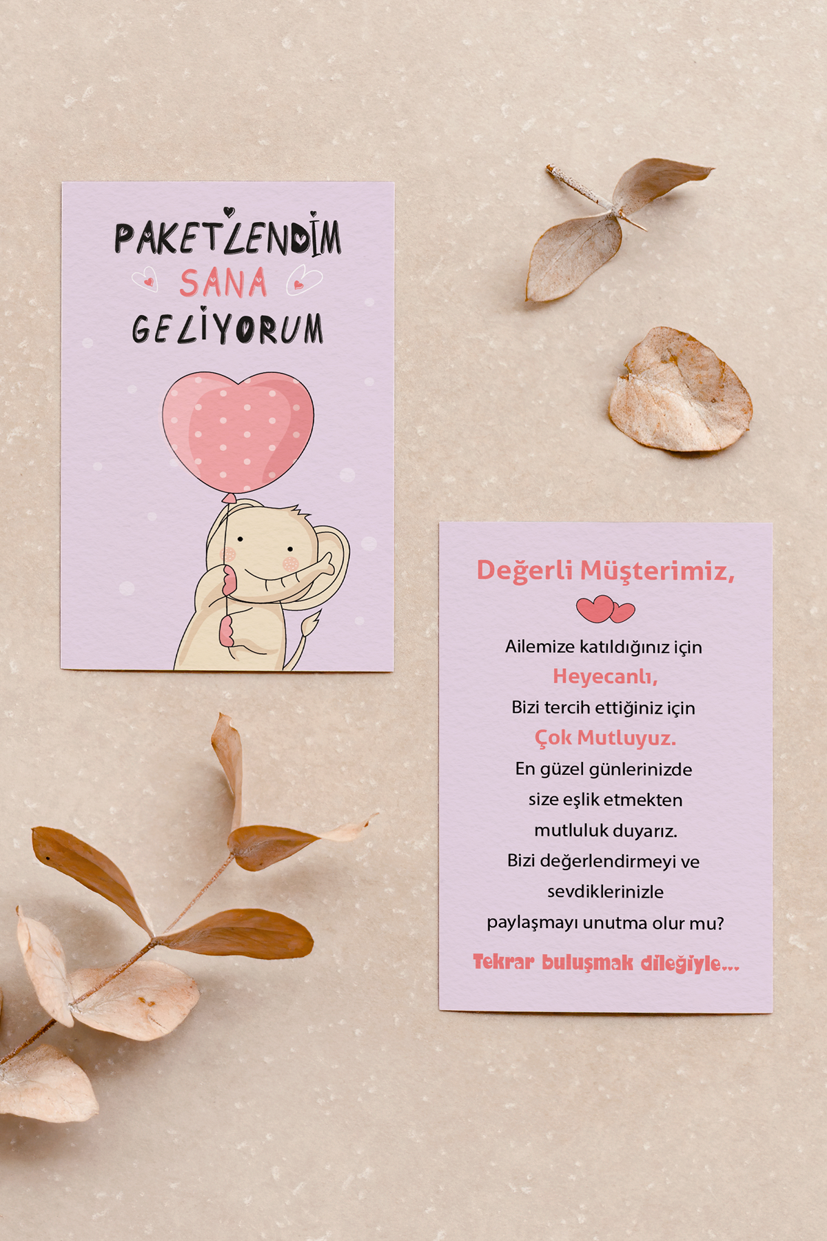 Teşekkür Kartı 100 Adet Ön Ve Arka Baskılı, Fil Temalı