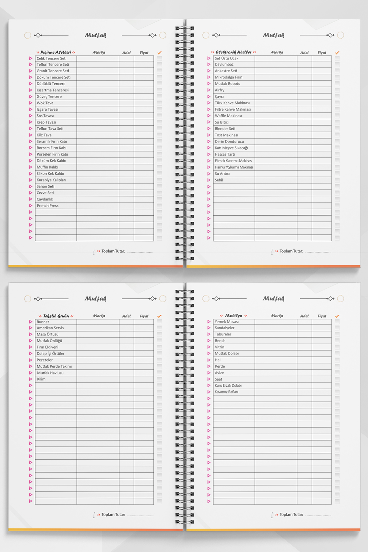 Çeyiz Defteri, Düğün Planlayıcı, Çeyiz Listesi, Çeyiz, Söz, Nişan, Kına, Balayı, Spiralli, 44 Sayfa, Krem